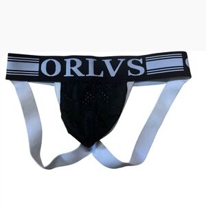 ORLVS Mens Black Mesh Jockstrap Athletic Supporter Underwear White Logo M